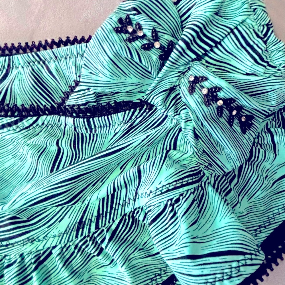 BETSEY JOHNSON Swim Teal Black
Rhinestone Bow Bikini. Size Small Top & Bottom - Picture 8 of 12